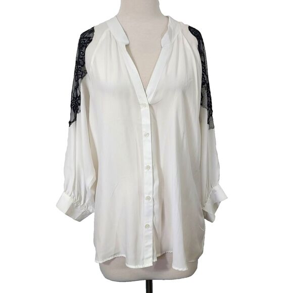 Larsen Gray Blouse Top Flowy Button Up Black Lace Womens Plus Size 2X White - Picture 1 of 11